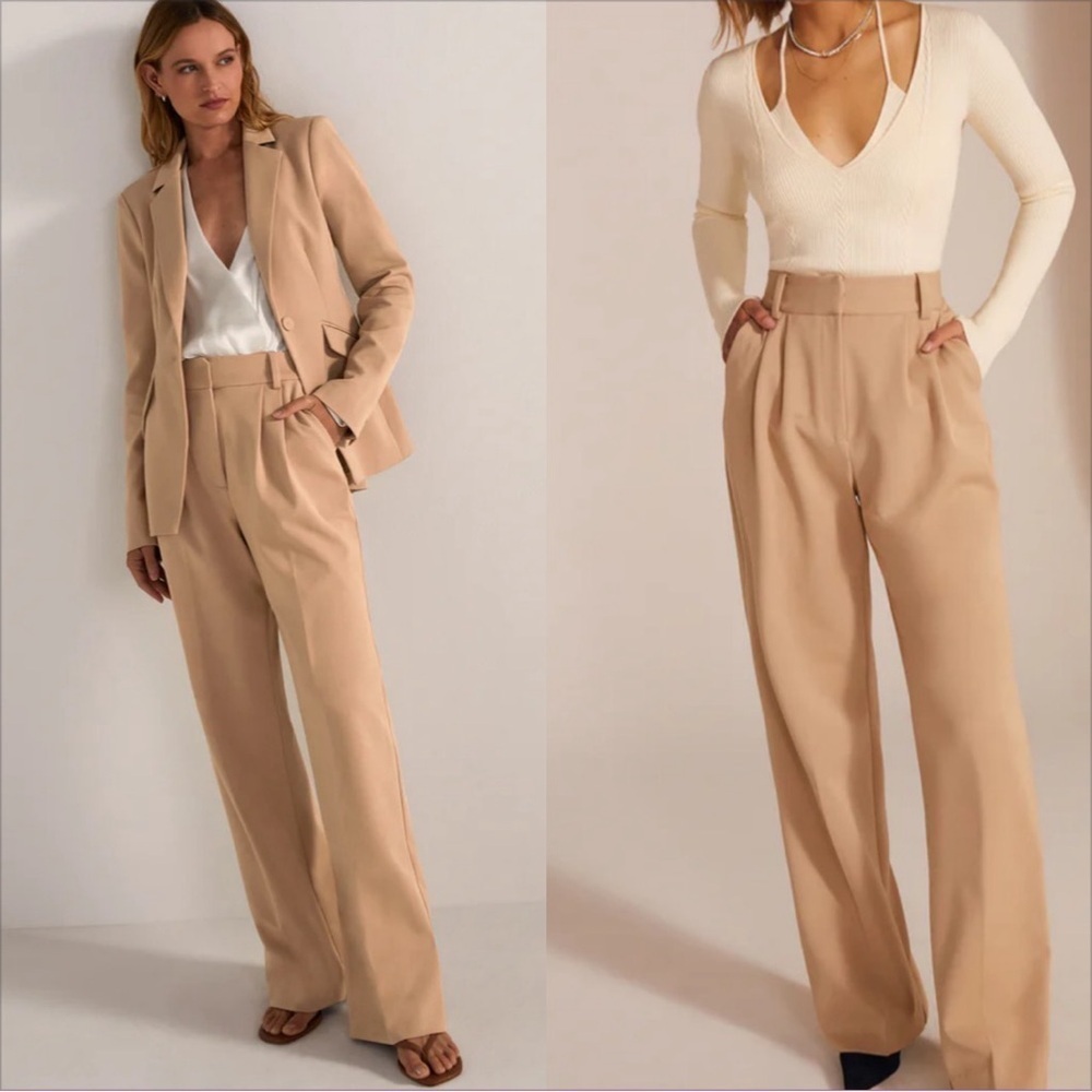 NWT Favorite Daughter The Favorite Twill Pleated Wide Leg Trousers (Beige) 6